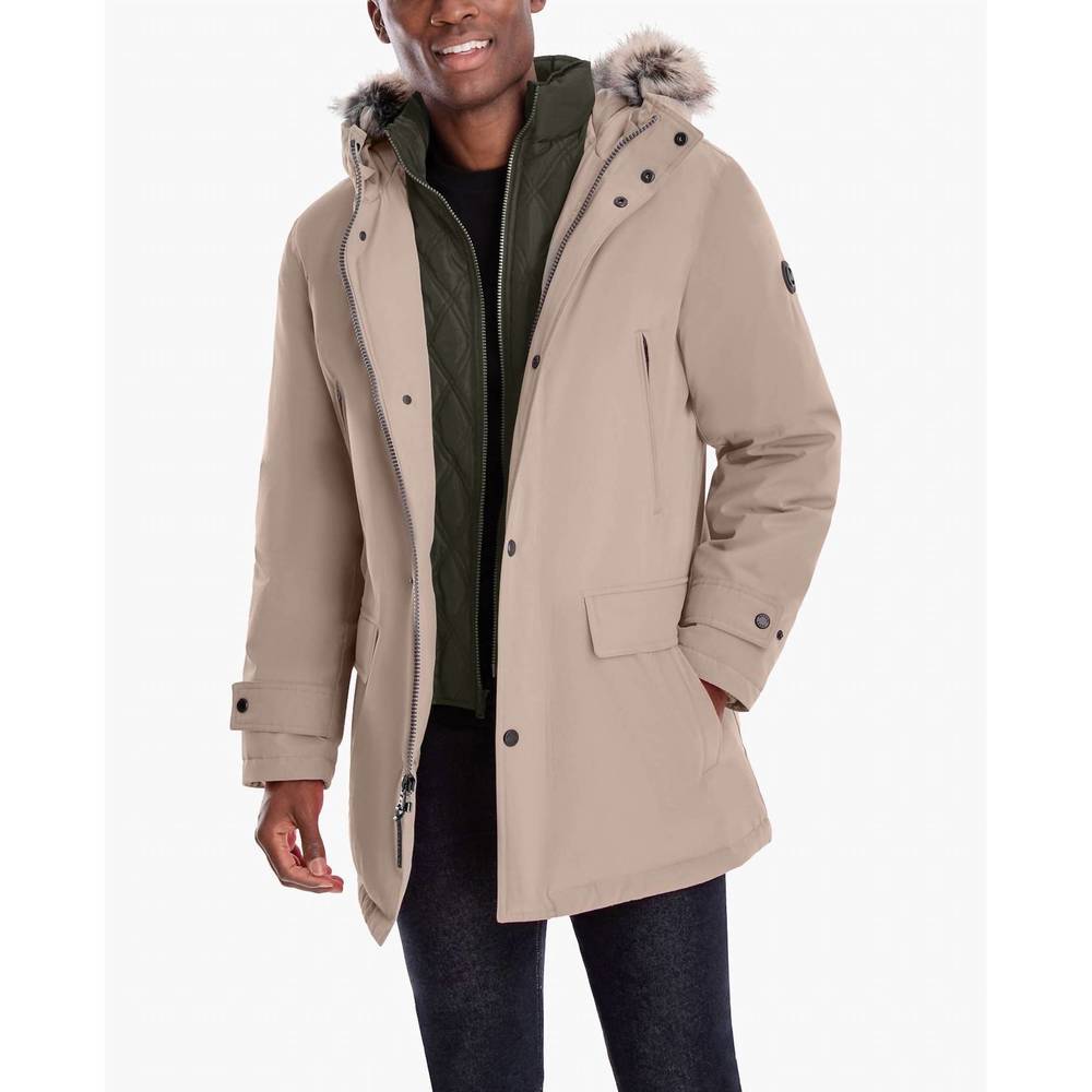 NEW LONDON FOG artic parka with removable faux fur trim on hood in taupe